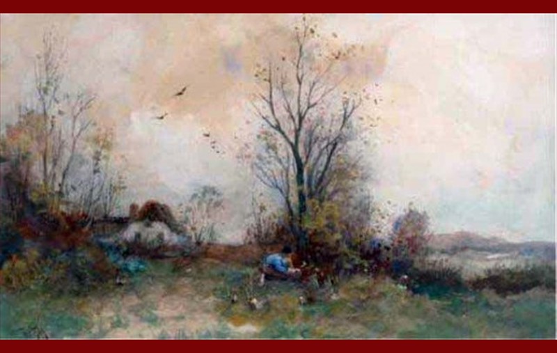 Boer met kippen in landschap / Gathering wood