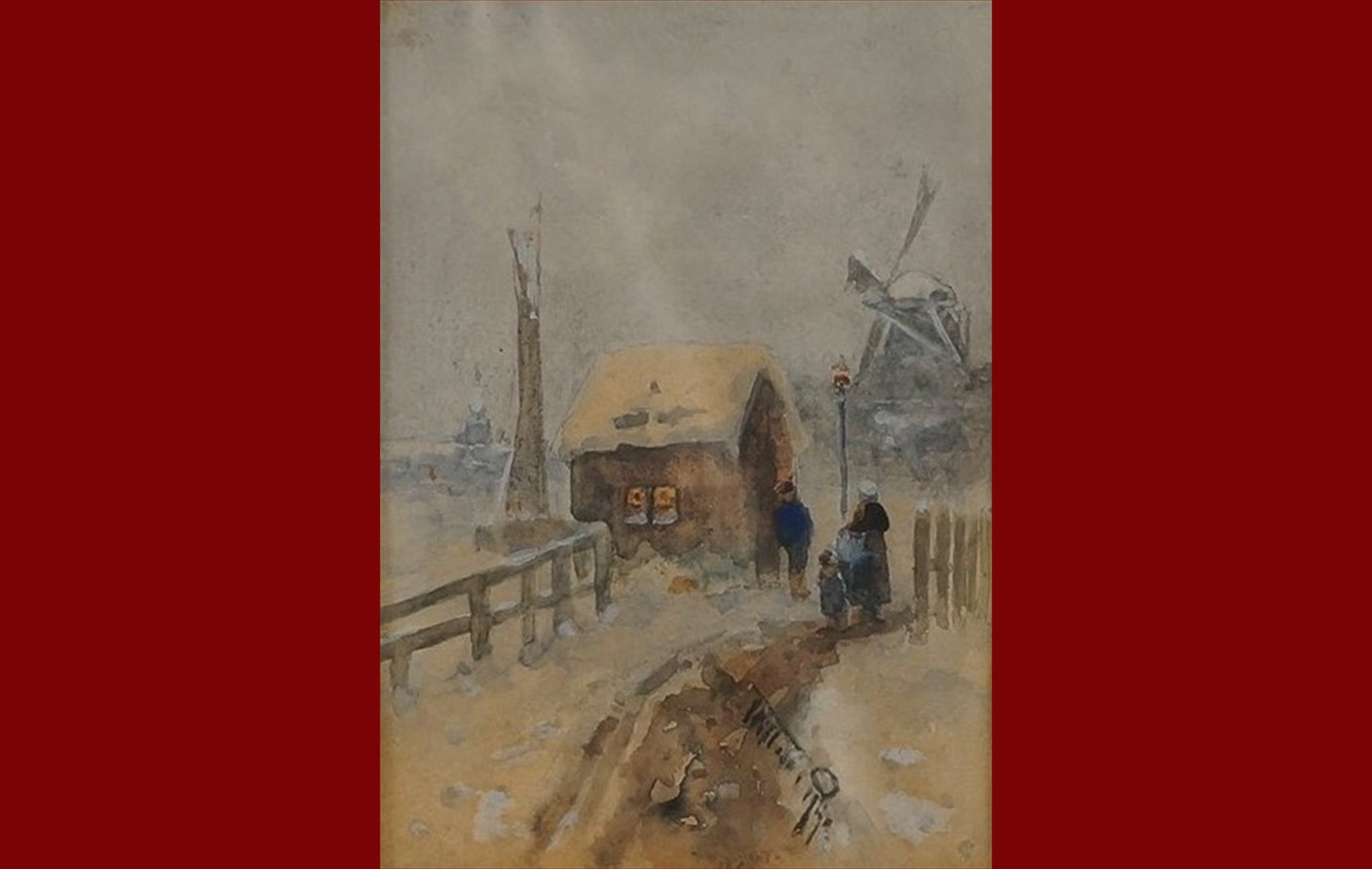 Boerengezin bij molen / Figuren aan strand bij molen