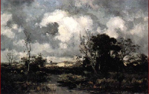 A figure rowing in a polder landscape
