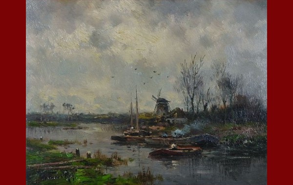 A River Landscape, with Figures in Boats