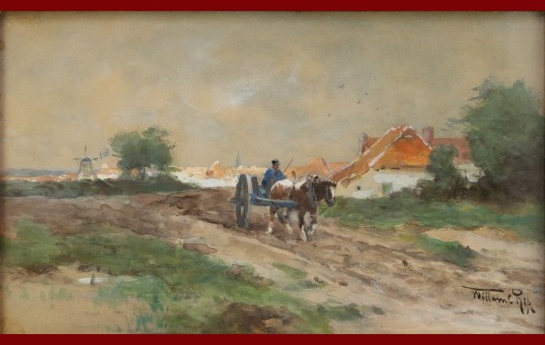 Boer met paardenkar op landweg nabij dorp