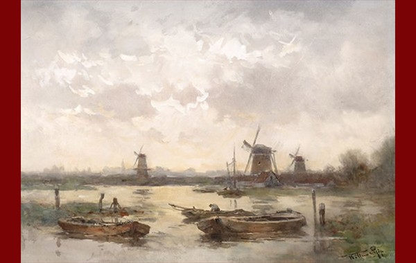 Poldergezicht / landschap met molens bij avond